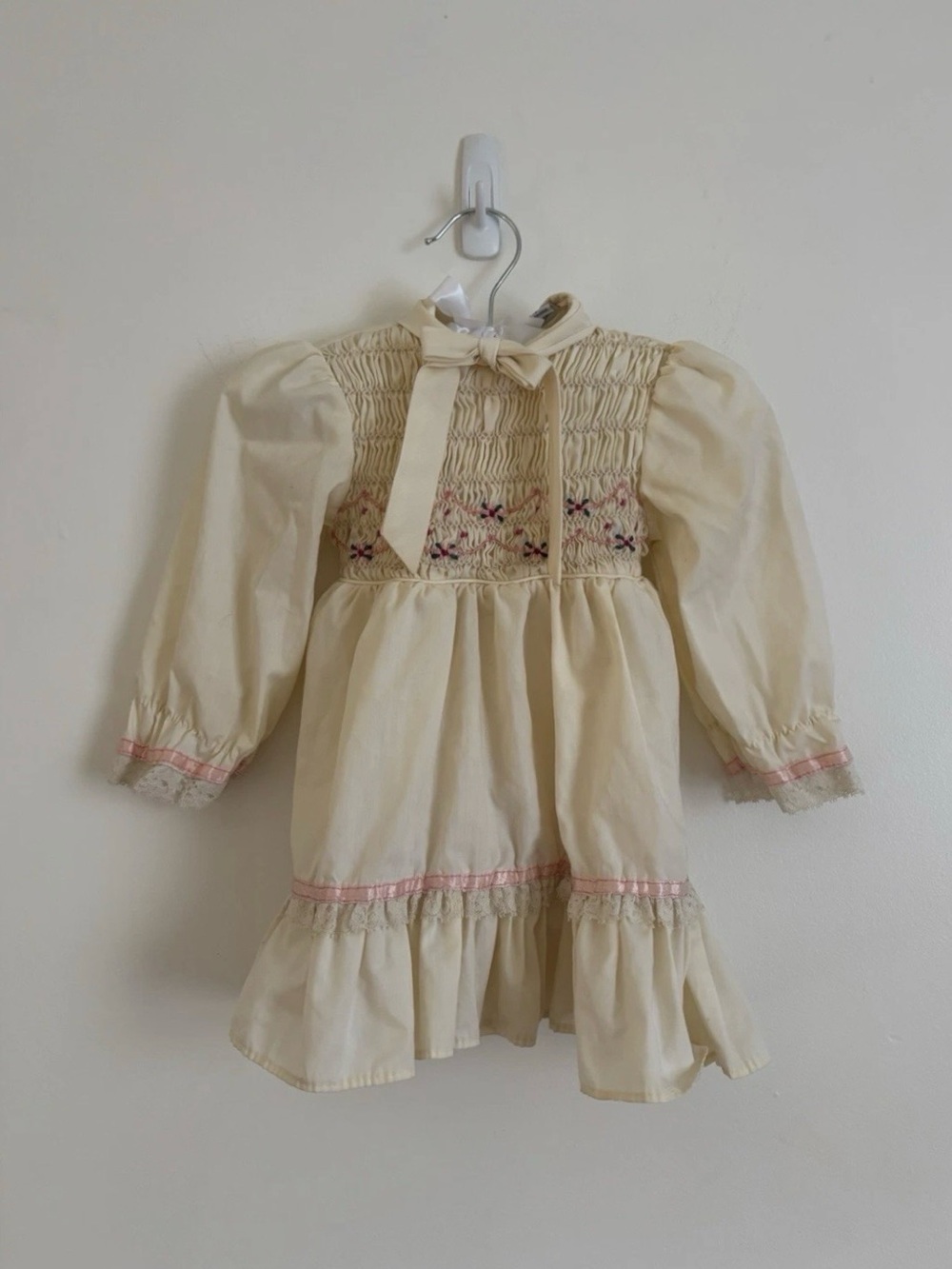 Vintage Polly Flinders Cream Smocked Puff Sleeve Girls Dress with Pink Trim